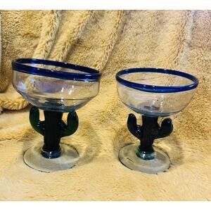 Hand Blown Margarita Glass Bubble Glass Cactus Stem Blue Rim Set Of 2 Mexican